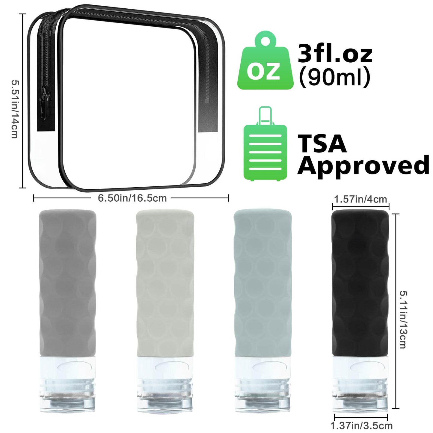 Silevoler Travel Bottles for Toiletries, 4pcs Tsa Approved 3oz Travel Size Containers, BPA Free Leak Proof Premium Silicone Bottles, Refillable Liquid Beauty and Personal Care Silevoler