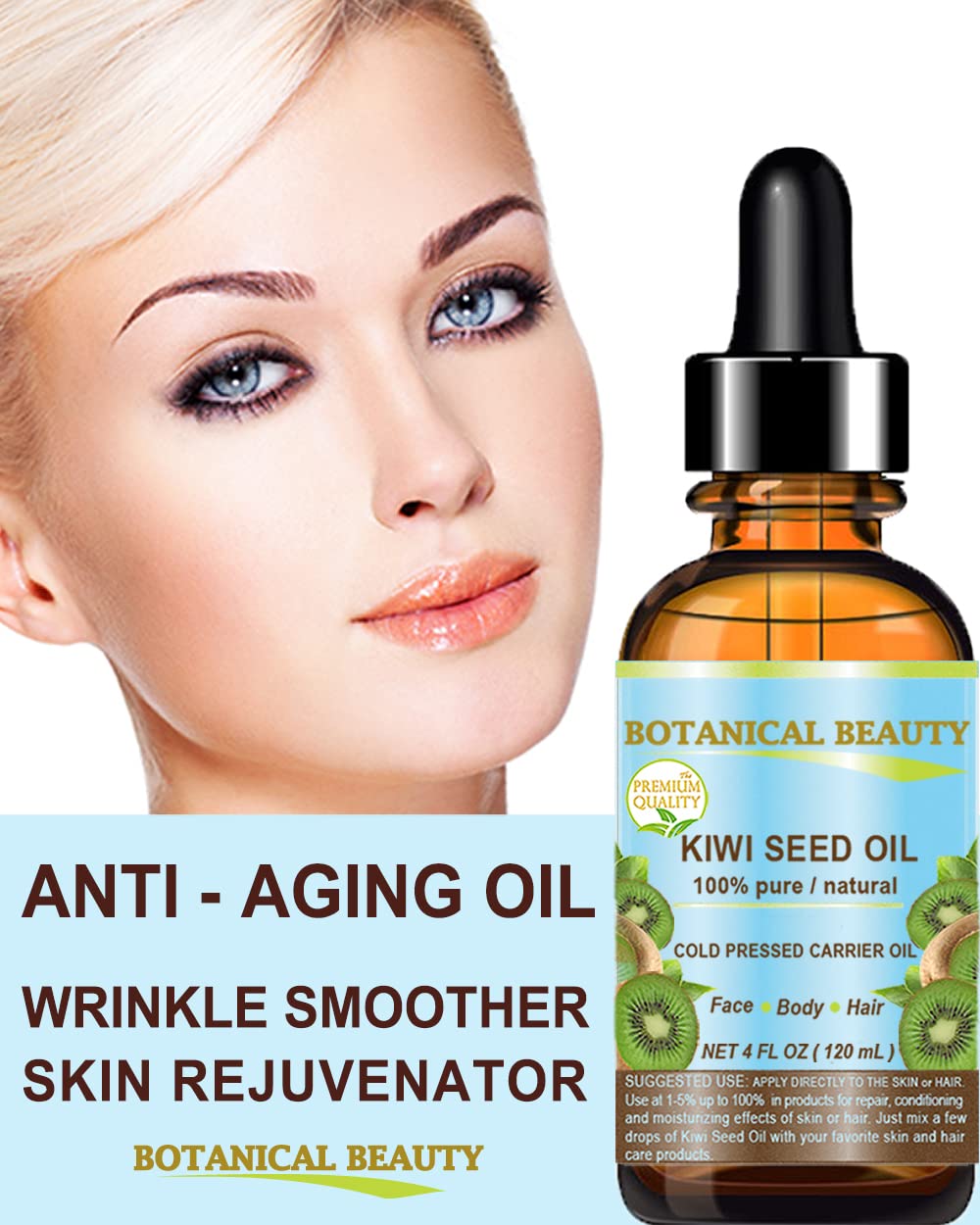 Botanical Beauty KIWI SEED OIL. 100% Pure Natural Undiluted Virgin Cold Pressed Carrier Oil for Face, Skin, Body, Hair, Nail Care (4 Fl Oz)