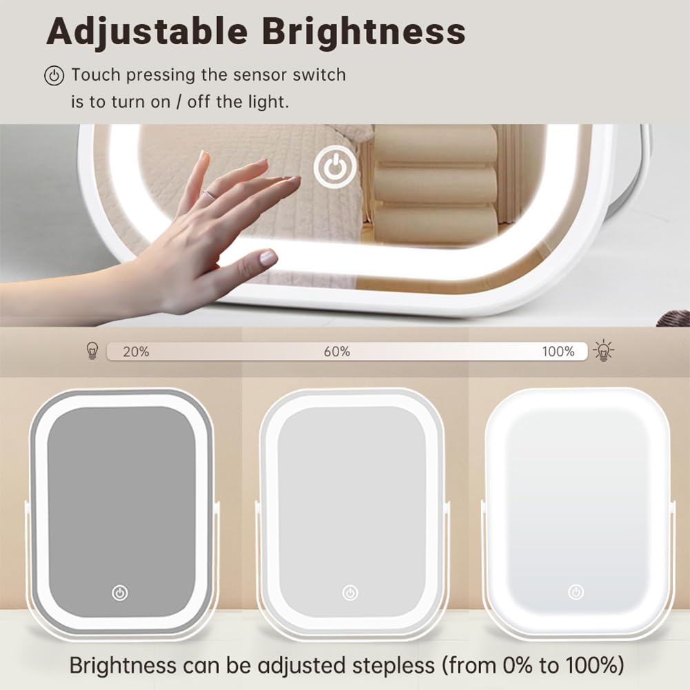 YEKKOPT Travel Makeup Mirror with Lights, Portable Small Beauty LED Vanity Mirror with Lights, 1200mAh Battery, Dimmable Touch Screen, Tabletop Beauty and Personal Care YEKKOPT