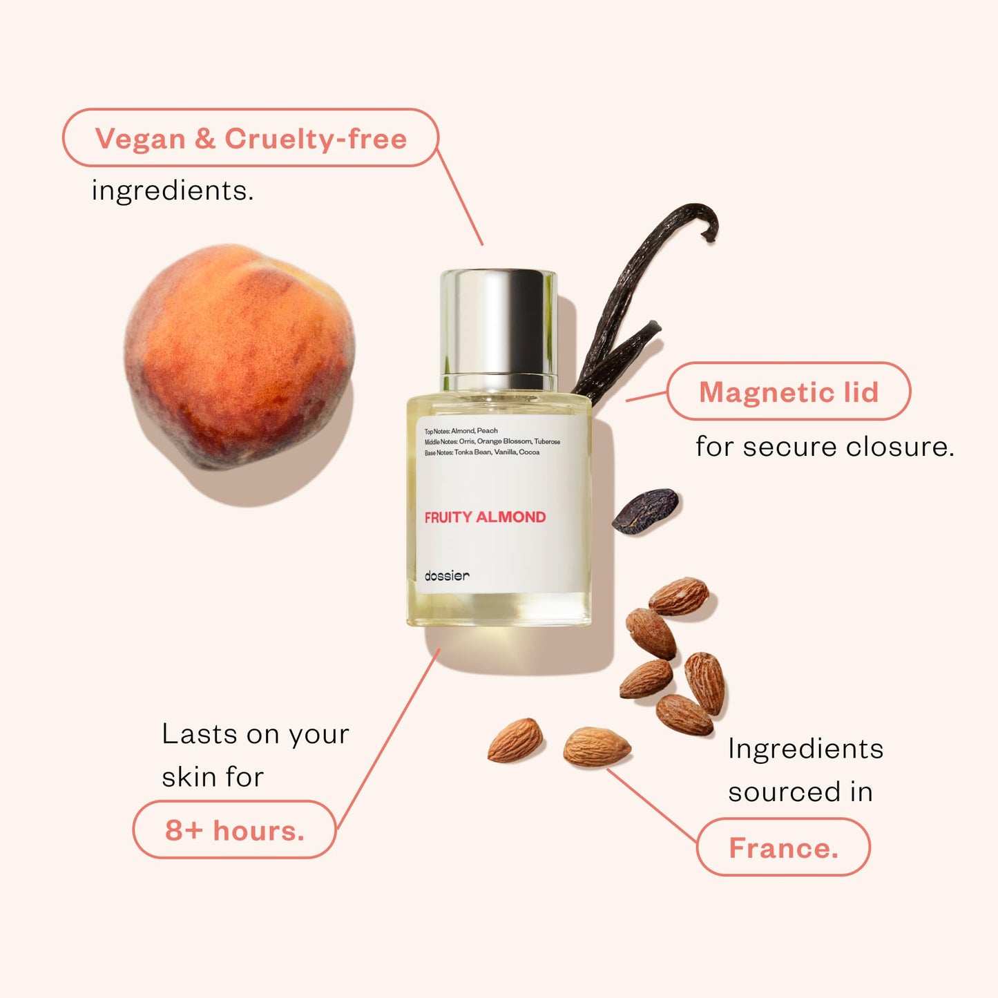 Dossier - Fruity Almond - Eau de Parfum - Perfume Luxury - Pure Infused - Paraben Free - Vegan - For Women - Fragrance 1.7 0z (Spray 50ml)