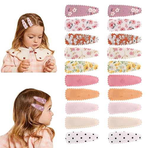 JIAHANG 20 Pcs Baby Girls Floral Print Hair Clips in Pair, Non Slip Hairpins Cotton Snap Hair Barrettes Thin Thick Hair Accessories for Toddlers