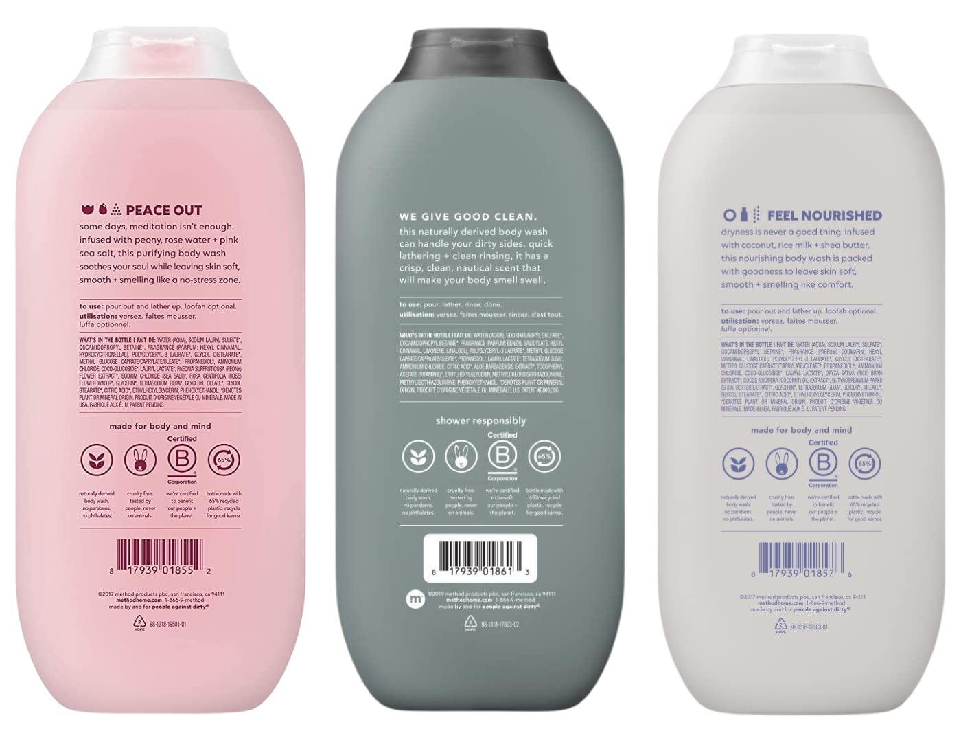 Method Body Wash Trio, Moisturizing Body Wash, Daily Shower Gel and Plant-Based Body Cleanser, Pure Peace, Sea + Surf, Simply Nourish, 18 Fluid Ounces Beauty & Personal Care Method