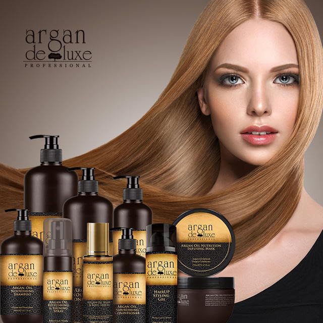 Argan Deluxe Professional Argan Oil Nourishing Hair Care Set for All Hair Types, Shampoo 500ml, Conditioner 500ml, Serum and Body Oil 50ml, 3 Piece
