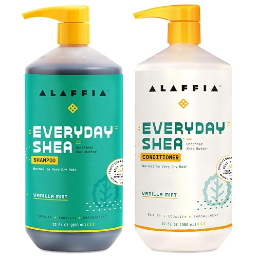 Alaffia Shampoo and Conditioner, Vanilla Mint - EveryDay Shea Sulfate-Free Shampoo and Conditioner Set with Shea Butter and Coconut Oil, 32 Oz Ea