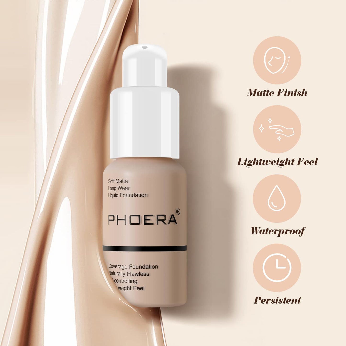 BestLand 2Pack PHOERA Foundation Full Coverage Liquid Foundation Cream - Long-lasting Lightweight Concealer - Oil-Free Formula - Natural Shade