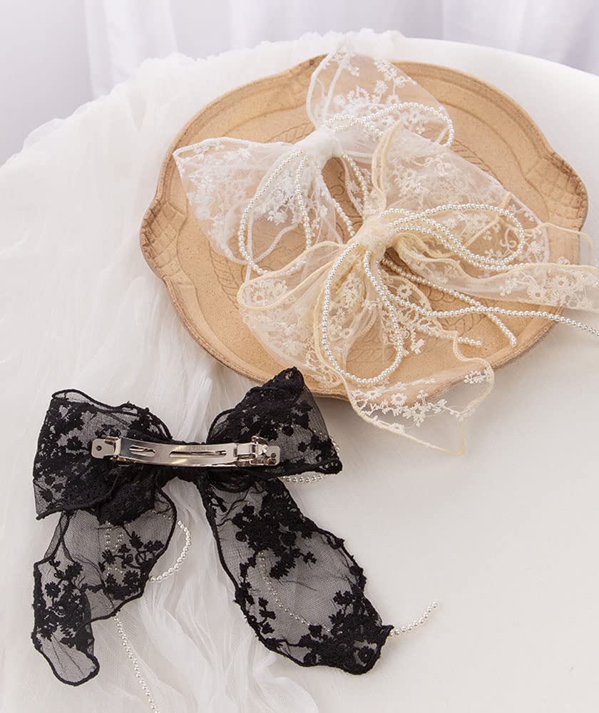 Sovenny 3 Pieces Lace Bow Pearl Chain Hair Clips Flower Embroidery Non Slip Hair Bow Barrettes for Women and Girls (White, Beige, Black)