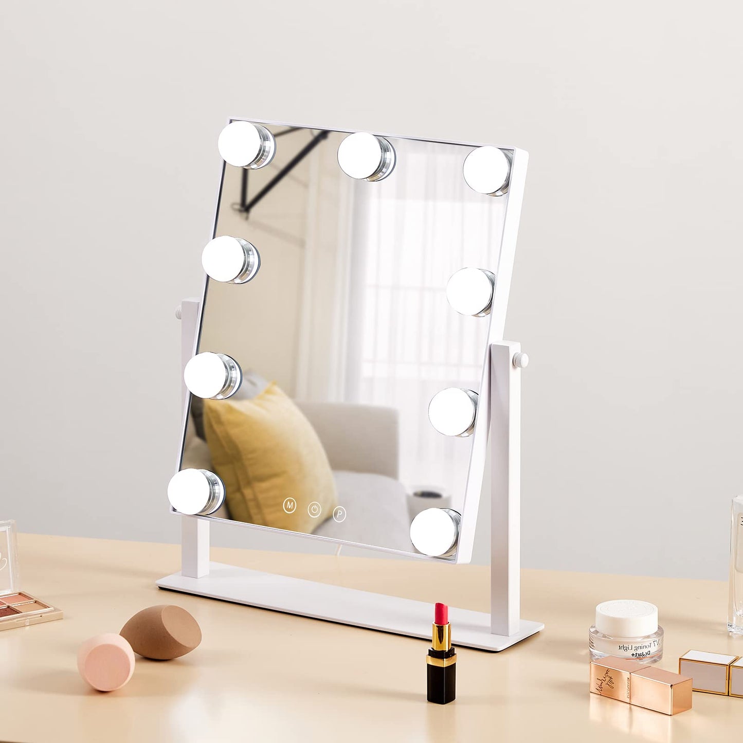 HIEEY Hollywood Vanity Mirror with Lights, Makeup 9 Dimmable Bulbs Three Color Lighting Modes, and 5X Magnification Mirror, Smart Touch Control