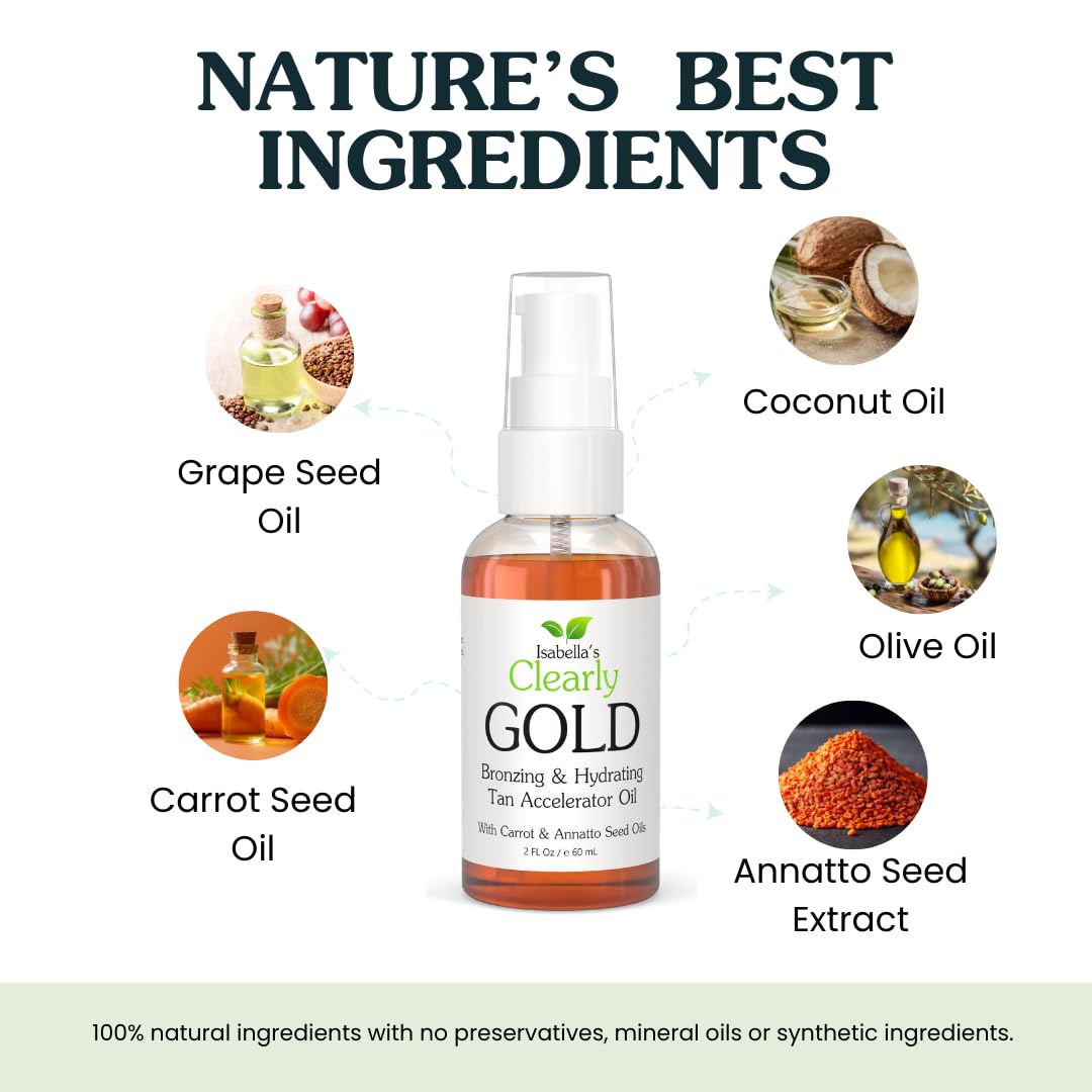 Isabella's Clearly GOLD, Natural Indoor and Outdoor Tanning Oil with Bronzer | Moisturizing Sun Tan Accelerator for a Healthy Bronze Glow with Carrot