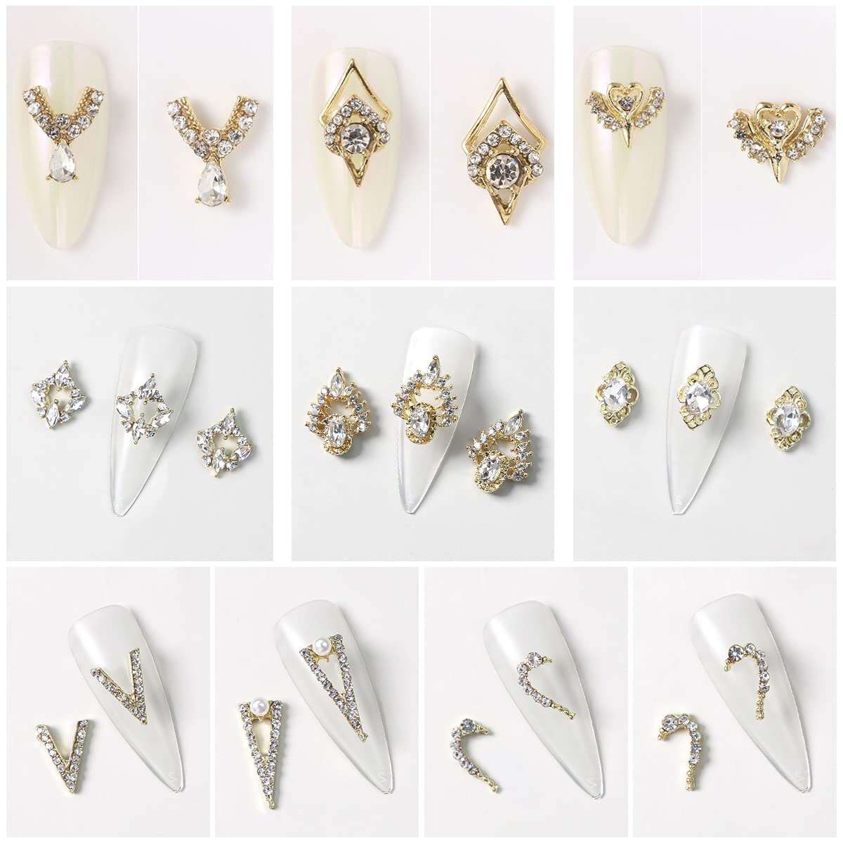 qiipii 12 Pair 3D Alloy Gold Nail Art Rhinestones - Heart Shaped Nail Charms, Golden Nail Crystal Diamonds Jewelry Stones Studs for Nails Decor Crafts