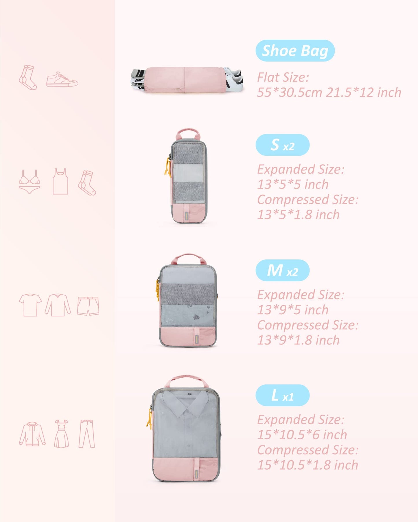 BAGSMART 6-Set Compression Packing Cubes – Lightweight Travel Organizer Bags for Women, Durable Luggage & Cruise Essentials