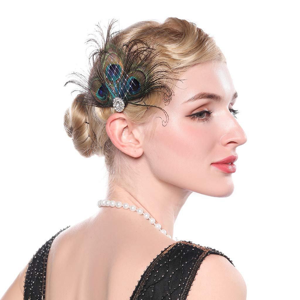 Aimimier 1920s Flapper Peacock Feather Hair Clip Crystal Hair Piece Vintage Roaring 20s Prom Party Festival Hair Accessories for Women