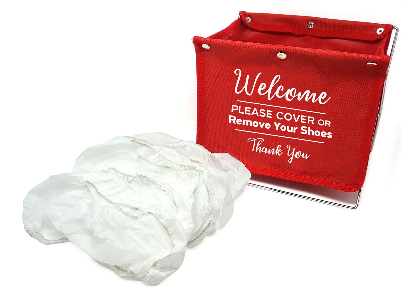 Mediz Foldable Shoe Cover Holder (Red) with Bonus: 1 Door Hanger Double Sided - Please Use Shoe Covers