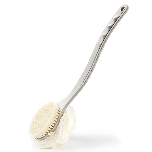 Shower Body Brush with Bristles and Loofah,Back Scrubber Bath Mesh Sponge with Curved Long Handle for Skin Exfoliating Bath, Massage Bristles Suitable