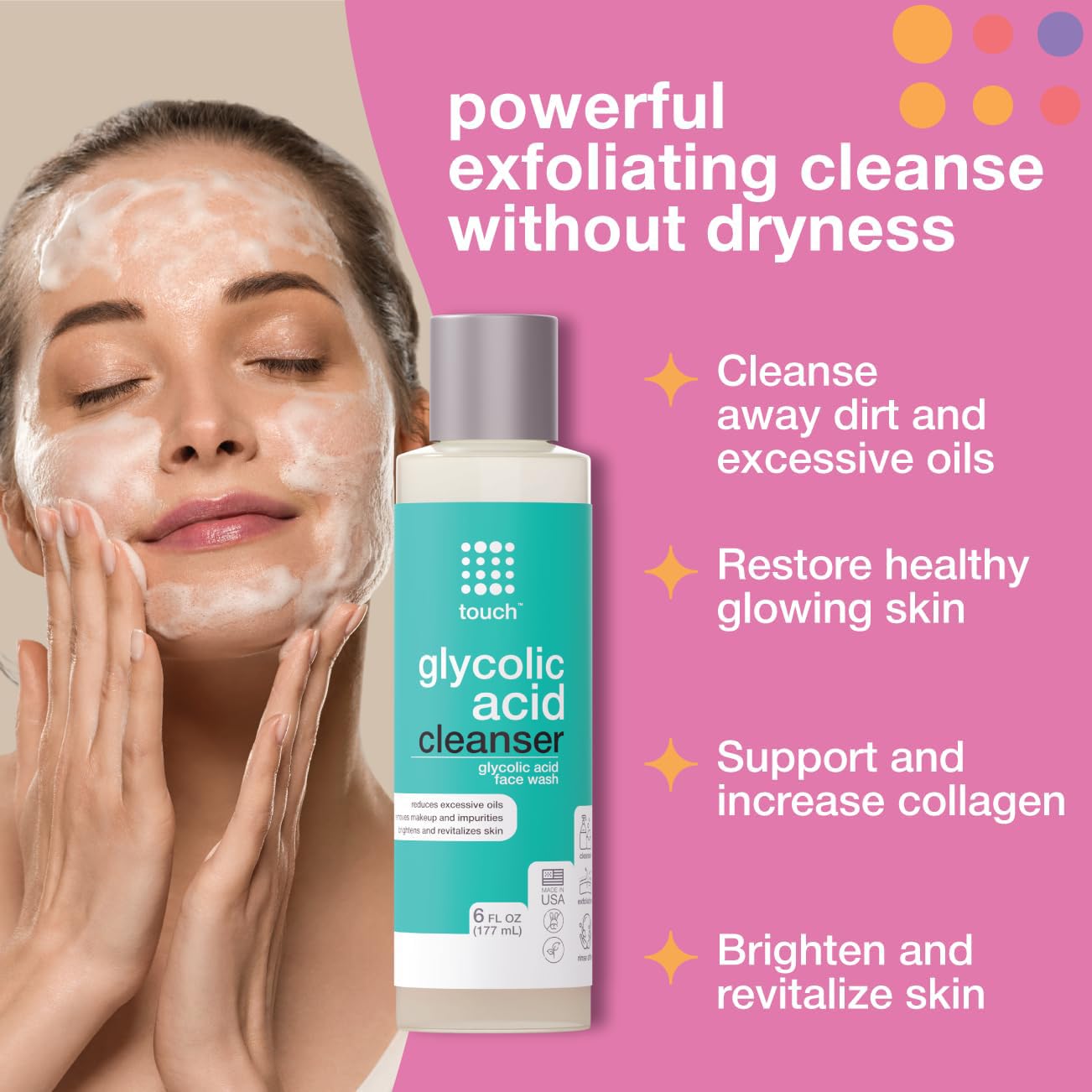10% Glycolic Acid Face Wash - Exfoliating, Non Drying & Foaming AHA Cleanser - Anti-Aging, Skin Tone & Texture, Wrinkles, Pores, Blackheads - Sulfate
