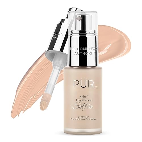 PÜR MINERALS 4-in-1 Love Your Selfie Longwear Foundation and Concealer - Unique, Dual-Applicator Component - Covers Blemishes and Imperfection - Reduce Fine Lines and Wrinkles - MG2 - 1 oz Makeup
