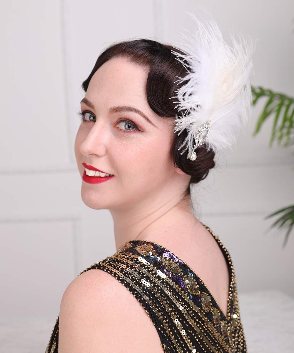 Aimimier 1920s Flapper White Feather Headpiece Crystal Pendant Hair Clip Roaring 20s Feather Accessories Masquerade Hair Jewelry for Women