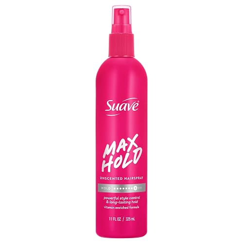 Suave Max Hold Unscented Non-Aerosol Hairspray, Strong Hold, Lightweight, Not Sticky or Stiff, For Smooth, Frizz-Free Styles, All Hair Types, 11 FL OZ