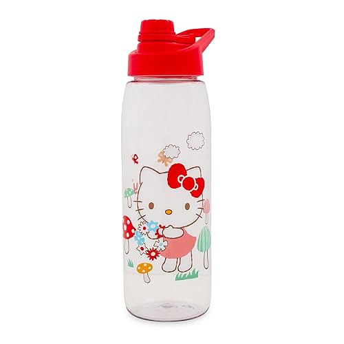 Silver Buffalo Sanrio Hello Kitty Mushrooms Water Bottle With Screw-Top Handle Lid | Large Plastic Sports Jug | Holds 28 Ounces