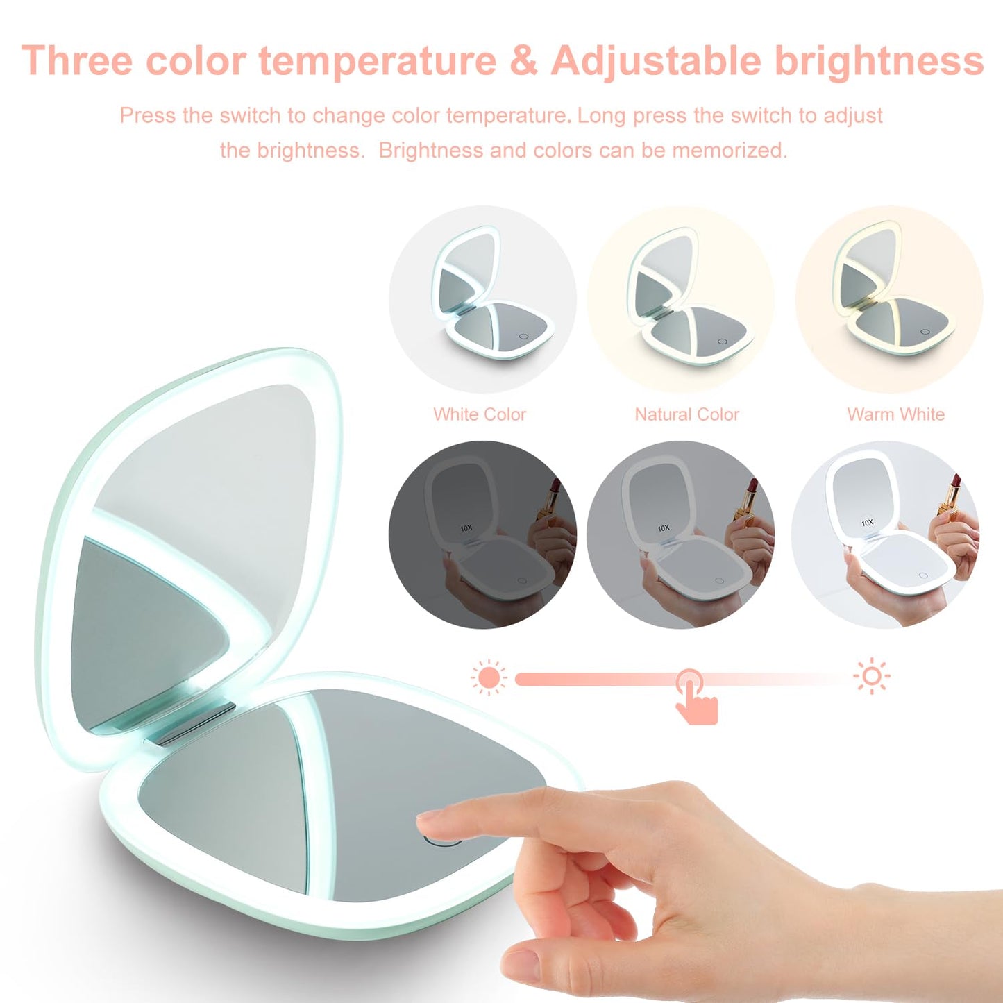 Mocado Compact LED Travel Makeup Mirror - 4 Inches 1X/10X Magnification Travel Mirror with Light Dimmable Double Sides Lighted USB Rechargeable