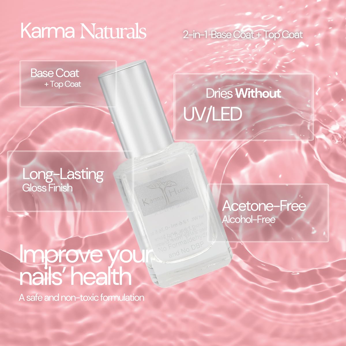 karma organic Base Coat and Top Coat 2 in 1 Nail Polish, Dip Powder & Polygel Base activator, Long Lasting Clear Nail Enamel, Nail Polish Strengthener