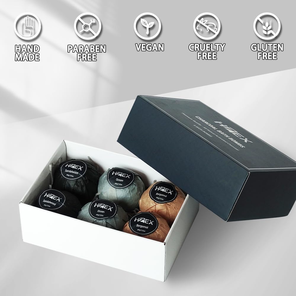 Charcoal Bath Bombs Gift Set - 6 Piece Natural Spa Fizzies with Essential Oils - Handmade Organic Moisturizing Vegan Bath Bombs for Relaxation…