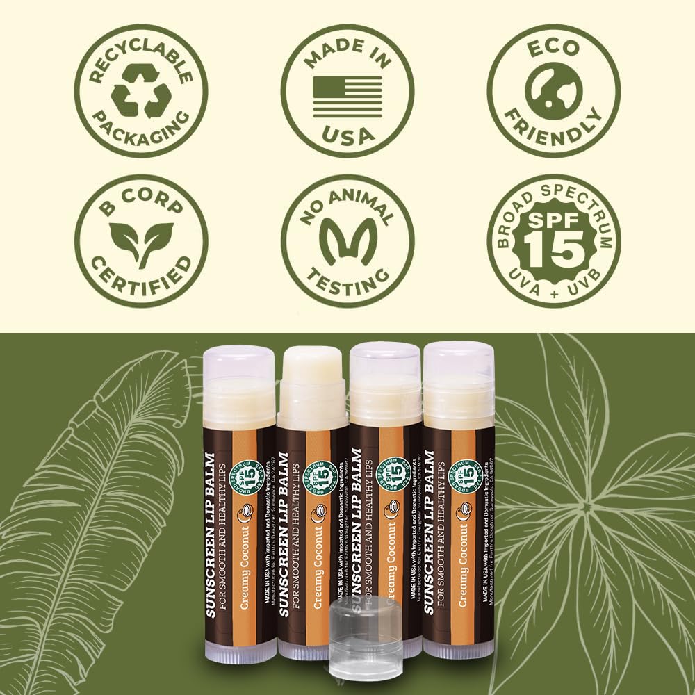 Earth's Daughter SPF Coconut Lip Balm 4-Pack Stocking Stuffers - Lip Sunscreen, SPF 15, Organic Ingredients, Beeswax, Coconut Oil, Vitamin E