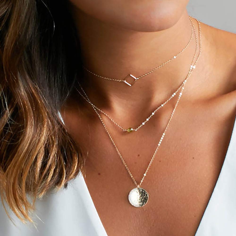 DoubleNine Geometric Square Delicate Layering Coin Necklace Disk Sequins Pendant Choker Gold Jewelry Accessories for Women Girls