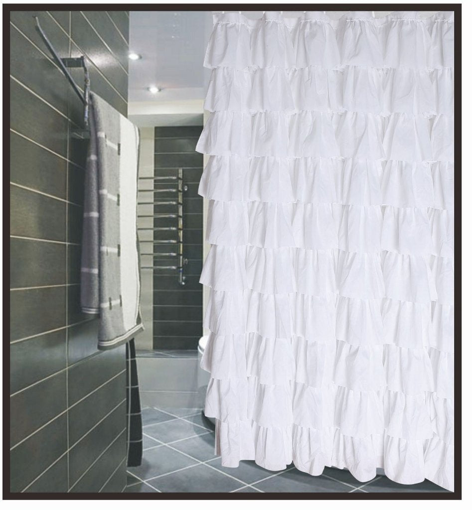 Ruffled White Fabric Shower Curtain