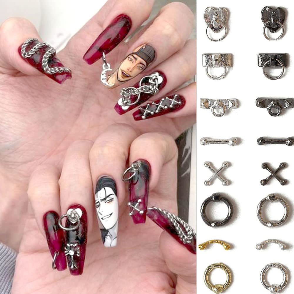 Dornail 30pcs Vintage Punk Alloy Nail Charms 3D Cross Nail Charm Hollow Hanging Rings Latch Metal Nail Art Charms for Nails Jewelry Gothic Design Nail