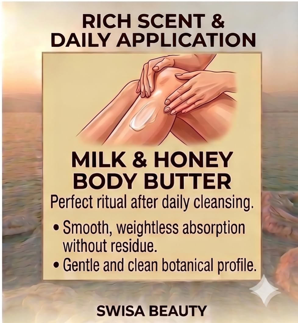 Swisa Beauty Dead Sea Body Butter, Milk and Honey - Thick & Creamy Daily Moisturizer with Shea Butter, Aloe & Squalane, 8 oz