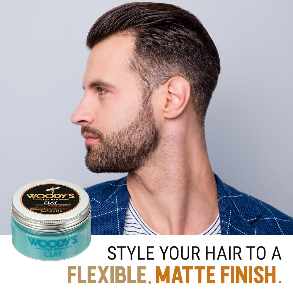 Woody's Hair Clay for Men - Matte Finish, Styling Pomade for Men Stronghold, Firm and Flexible Control, 3.4 oz. 2-Pack