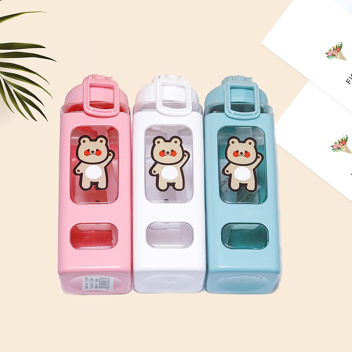 PEXIZUAN Kawaii Bear Water Bottle With Straw Sport Plastic Portable Square Drinking Bottle For Girl Cute Juice Tea Water Cups 700ml(Pink,700ml)