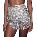 Aimimier Belly Dance Hip Skirt Sequins Tassel Scarf Multi-Layered Belly Belt Dance Wrap Rave Costume Performance Festival Dresses for Women (Silver)