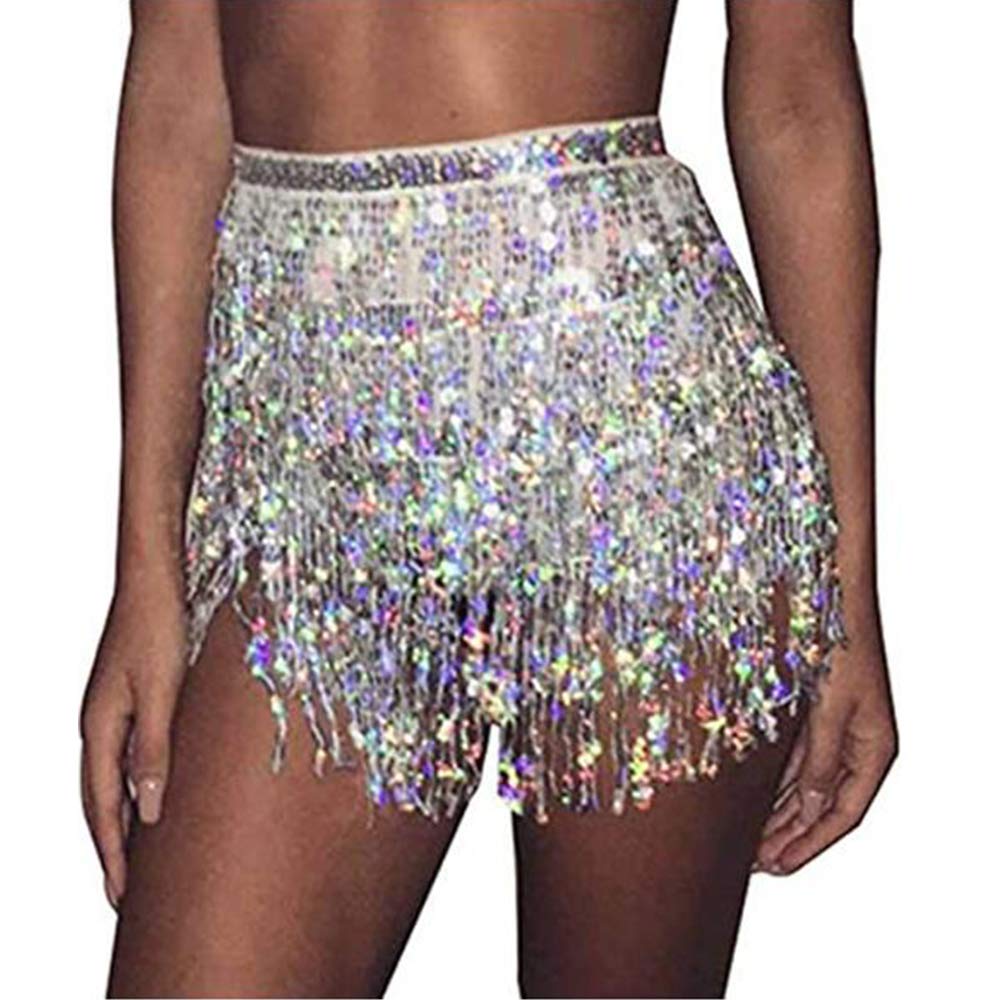Aimimier Belly Dance Hip Skirt Sequins Tassel Scarf Multi-Layered Belly Belt Dance Wrap Rave Costume Performance Festival Dresses for Women (Silver)