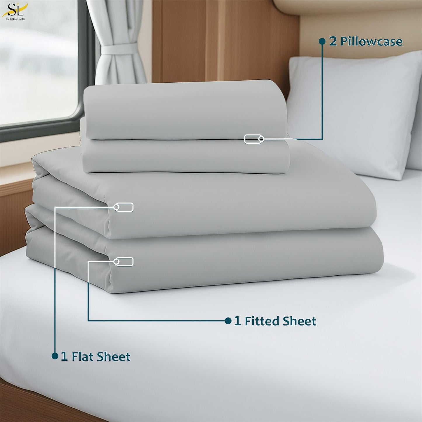 Shreem Linen Luxury 4 Piece Microfiber RV Sheet Set, Deep Pocket Fits Up to 10 inch, Soft, Wrinkle-Resistant, Camper, Travel Trailer Bedding, Bunk