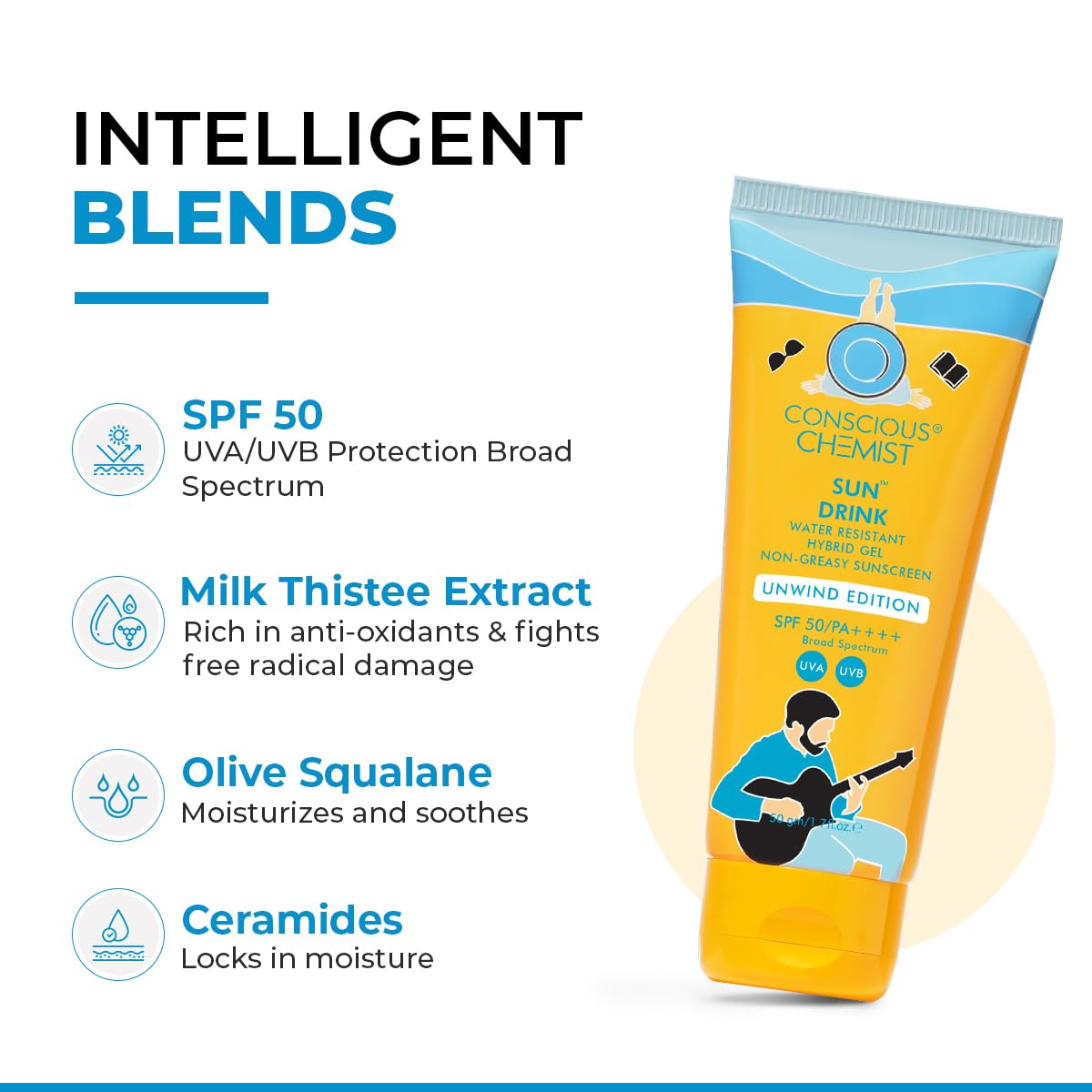 Conscious Chemist® Sun Drink Hybrid SPF 50 PA++++ Sunscreen Unwind Edition | Water Resistant , Ceramides & Milk Thistle Extract | UVA/UVB Protection |