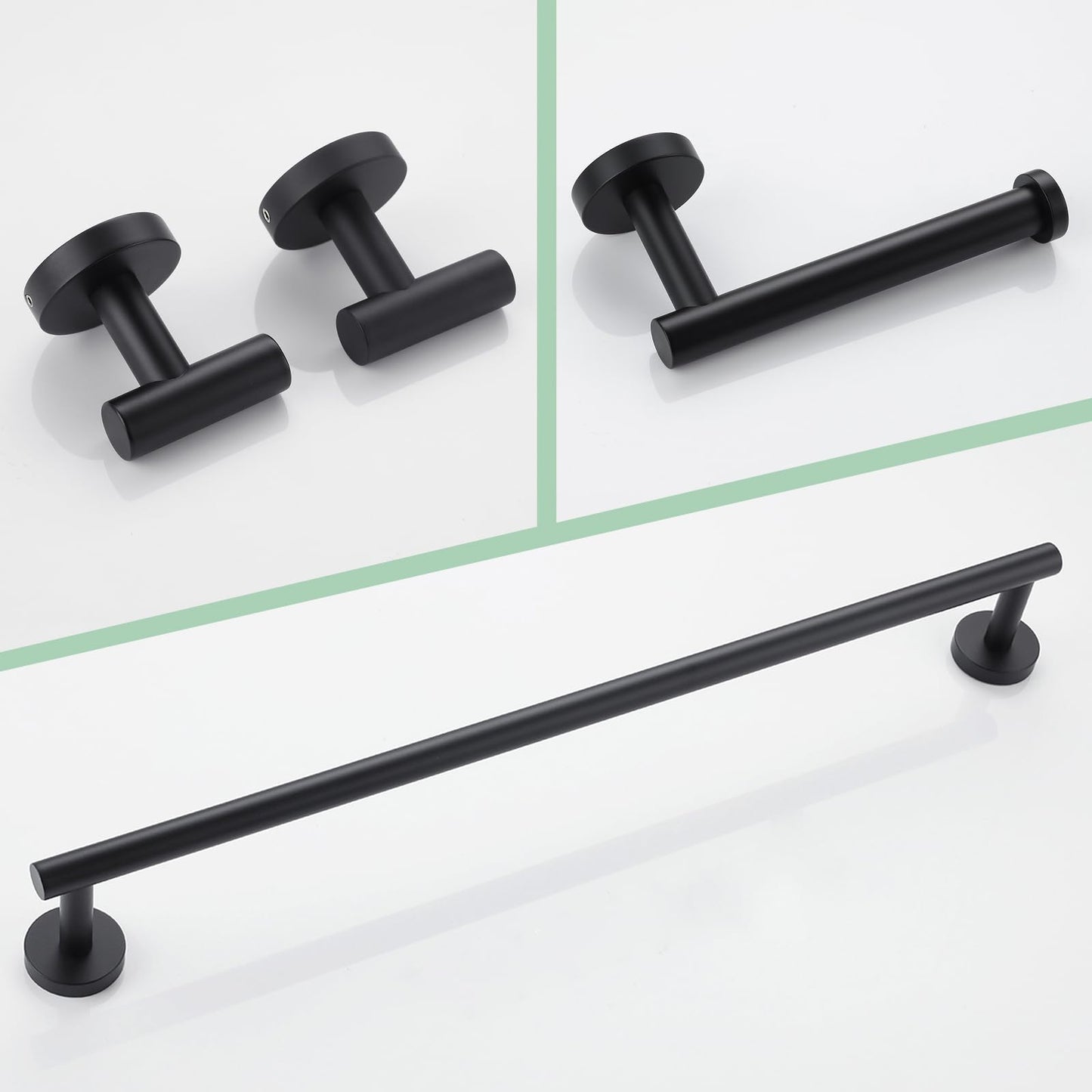 Hoooh Matte Black 4-Piece Bathroom Set, Stainless Steel Wall Mount with 24" Towel Bar, Toilet Paper Holder & 2 Robe Hooks, BS100S4B-BK