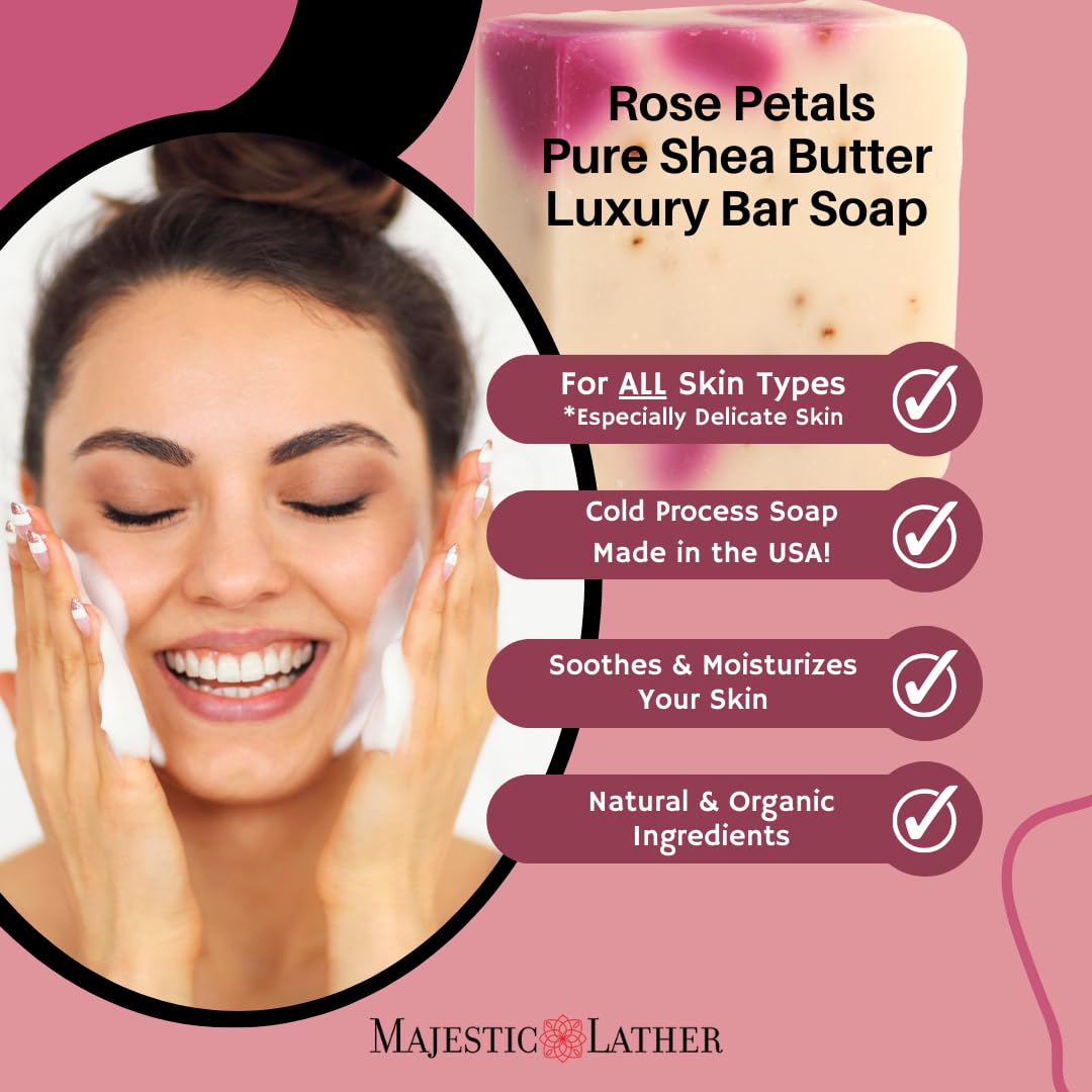 Majestic Lather Rose Petals Luxury Bar Soap for Face & Body. Moisturize, Nourish and Cleanse. For All Skin Types. Made in the USA. 5.0 Oz. Beauty & Personal Care Majestic Lather