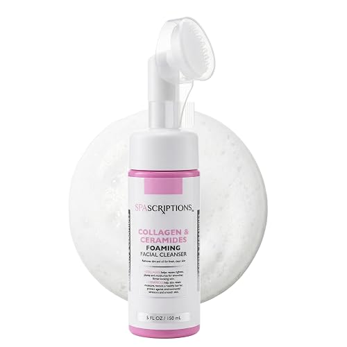 SpaScriptions 2 in 1 Cleanse & Exfoliate Foaming Facial Cleanser - Collagen & Ceramides Face Wash with Silicone Brush for Dry Skin with Barrier