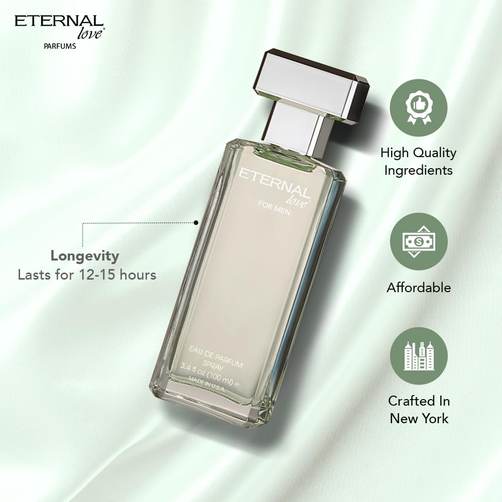 Eternal Love for Men - Long Lasting Eau de Parfum Spray - Premium Clean Fragrance with Amber & Cedarwood - Fresh Sophisticated Scent - 1.7oz