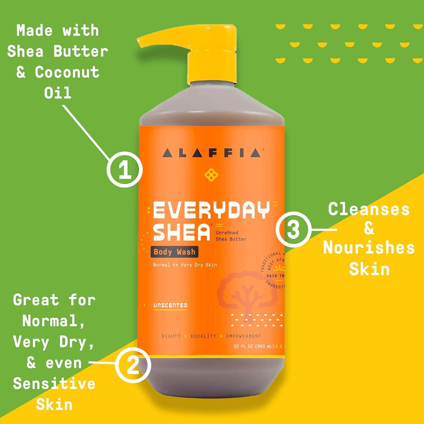Alaffia EveryDay Shea Body Wash, Naturally Moisturizing Cleanser for All Skin Types with Fair Trade Shea Butter, Neem & Coconut Oil, Unscented, 32 fl