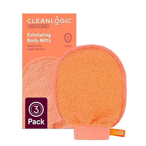 Cleanlogic Bath & Body Exfoliating Face & Body Grooming Mitt, Assorted Colors, 3 Count
