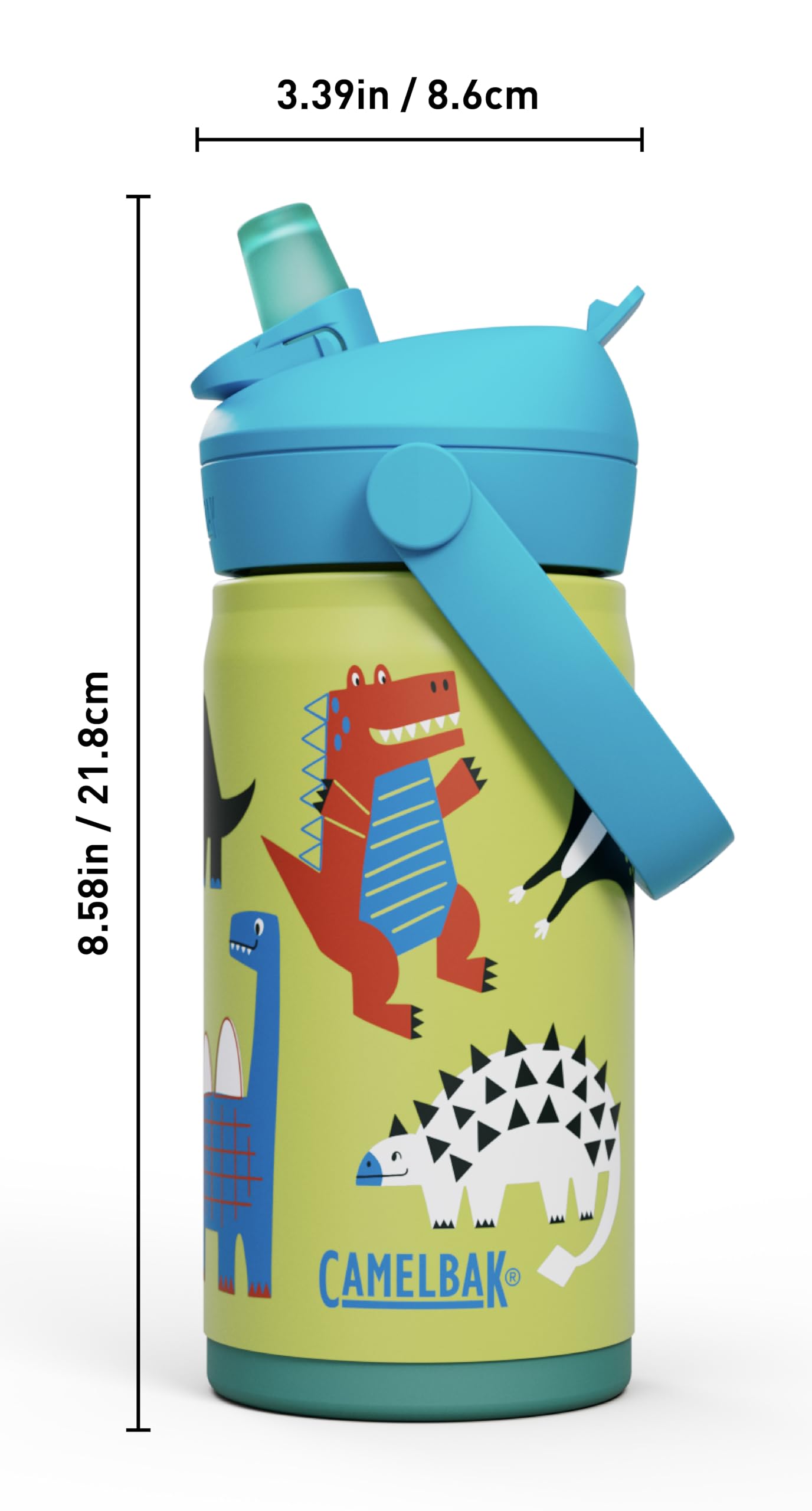 CamelBak Thrive Flip Straw Kids Bite Valve Stainless Steel Water Bottle Dino Jam, 12oz