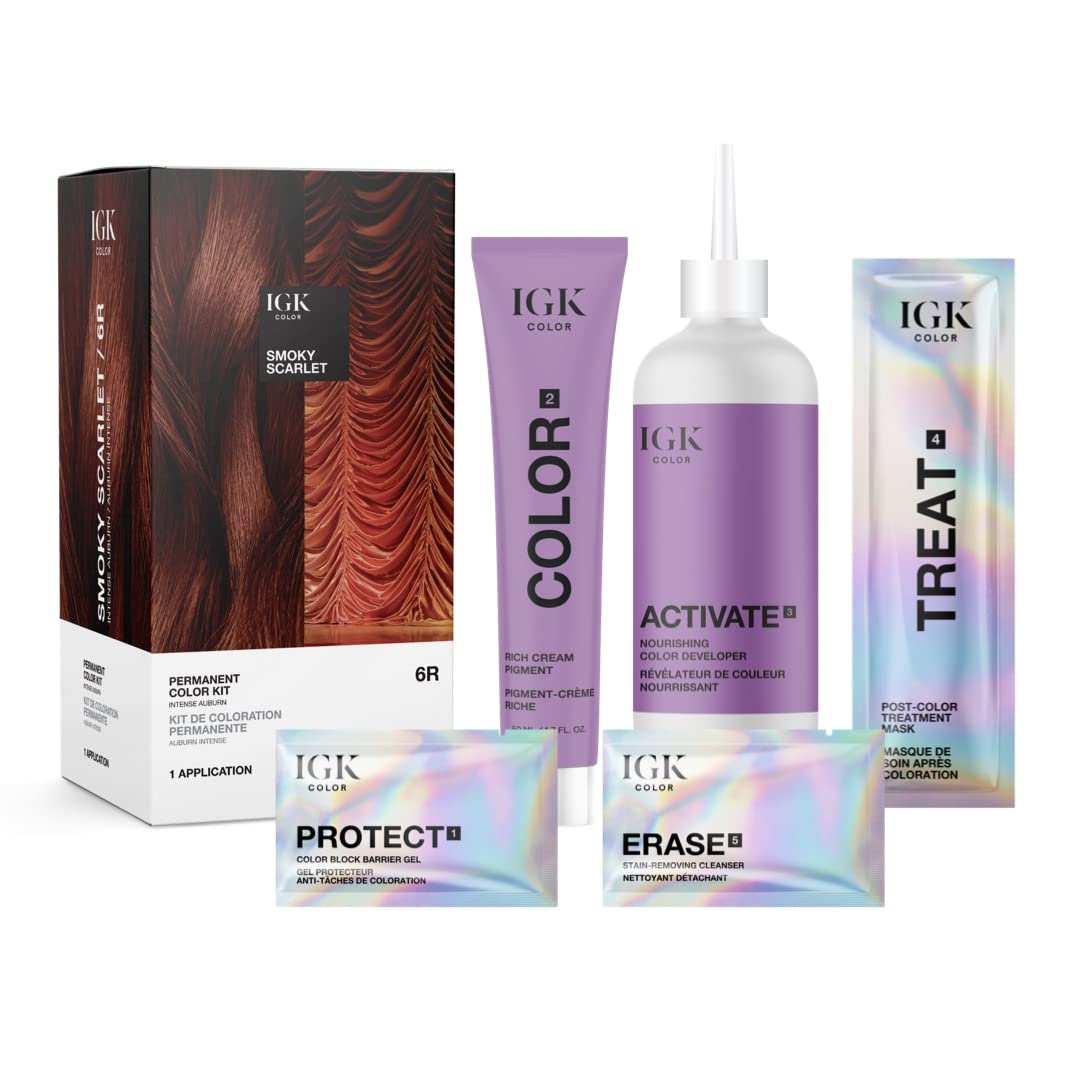 IGK Permanent Hair Dye Color Kit | 6R Smoky Scarlet - Intense Auburn | 100% Gray Color Coverage + Strengthen + Shine | Ammonia Free