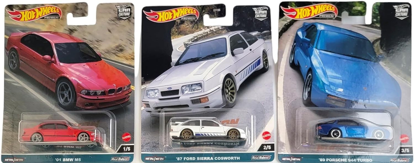 Hot Wheels Car Culture 2023 Canyon Warriors Complete 5‑Pack (FPY86-959C) | BMW M5, Ford Sierra Cosworth, Porsche 944 Turbo, Volvo 142 GL…