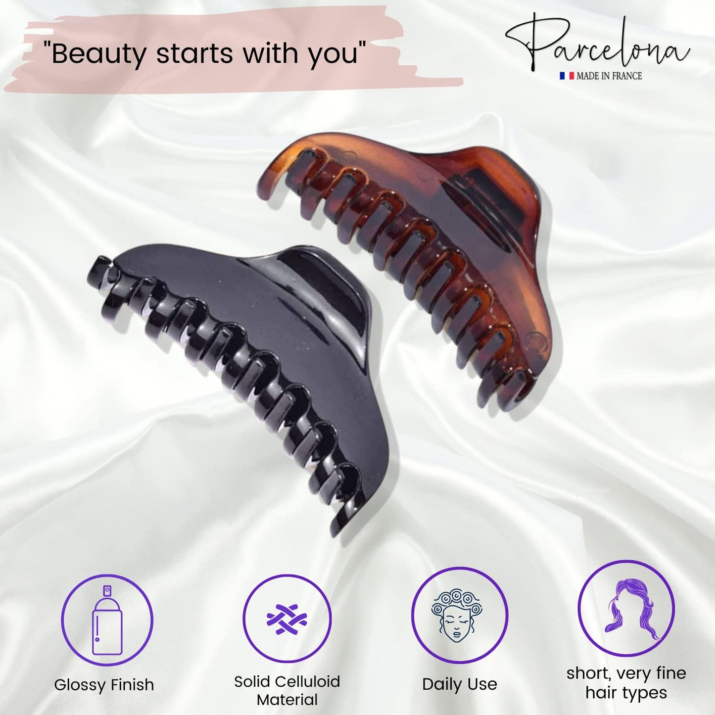 Parcelona French Skinny Boss Small 2 1/4" Black N Shell Celluloid Acetate Claw with Tight Spring Set of 2 Jaw Hair Claw Clips for Fine Hair, Made