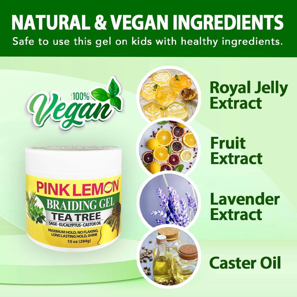 PINK LEMON Braiding Gel - Tea Tree - Maximum Hold, No Flaking, Long Lasting Hold, High Shine. For Micro, Inter, Dread, Faux, Loc, Twist, Braid, Edge