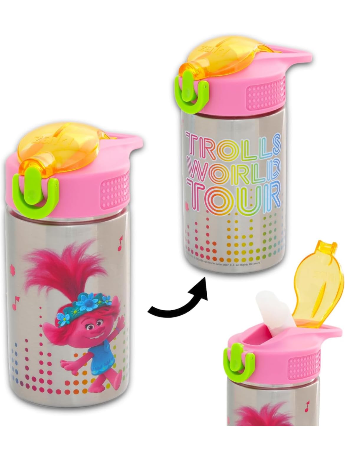 Zak Designs Trolls 2 -Stainless Steel Water Bottle with One Hand Operation Action Lid and Built-in Carrying Loop, Kids Water Bottle with Straw Spout…