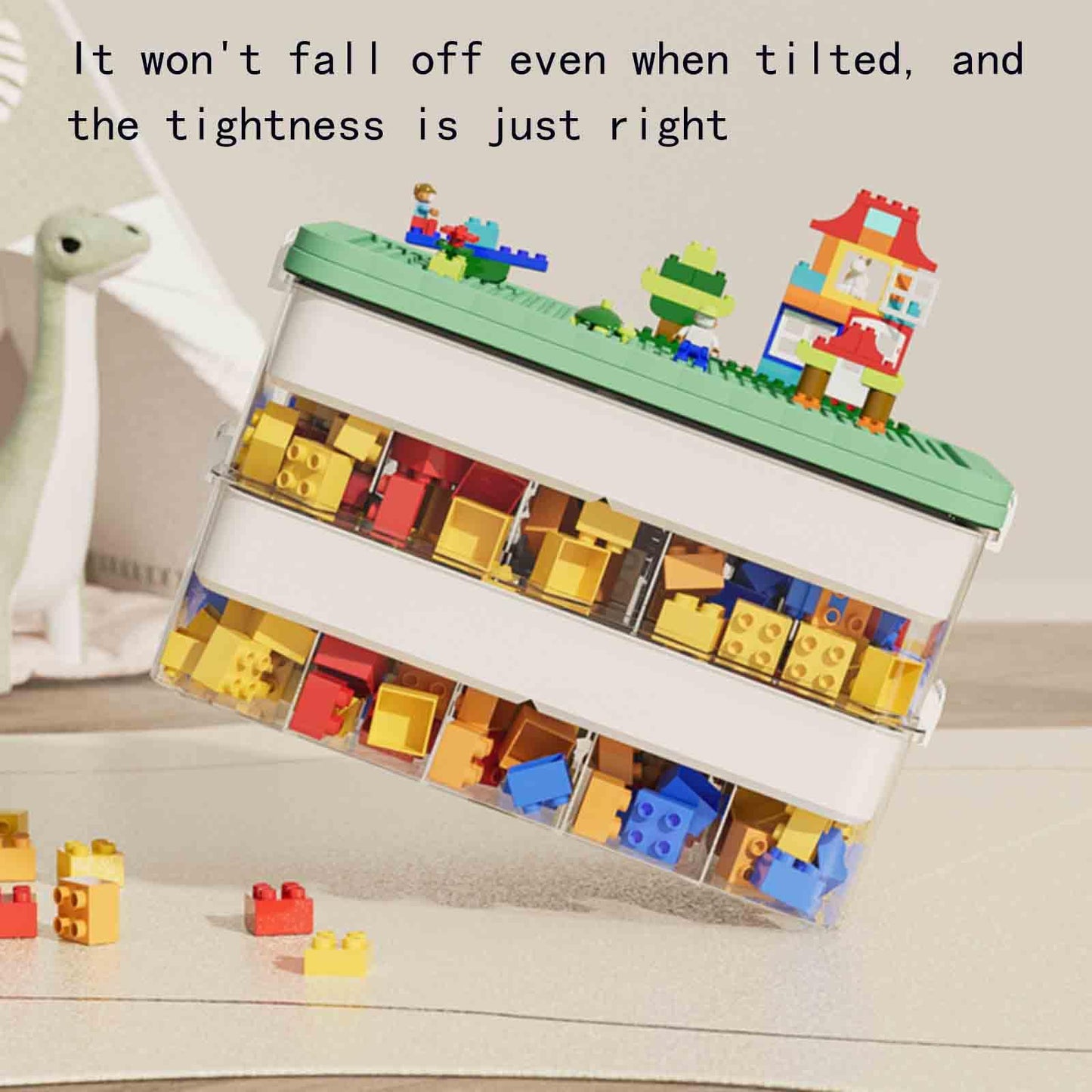 3-Tier Storage Box of Bricks for Lego, PP+ABS Stackable Organizer 14.17"×9.84"×12.01" with Lids, Green