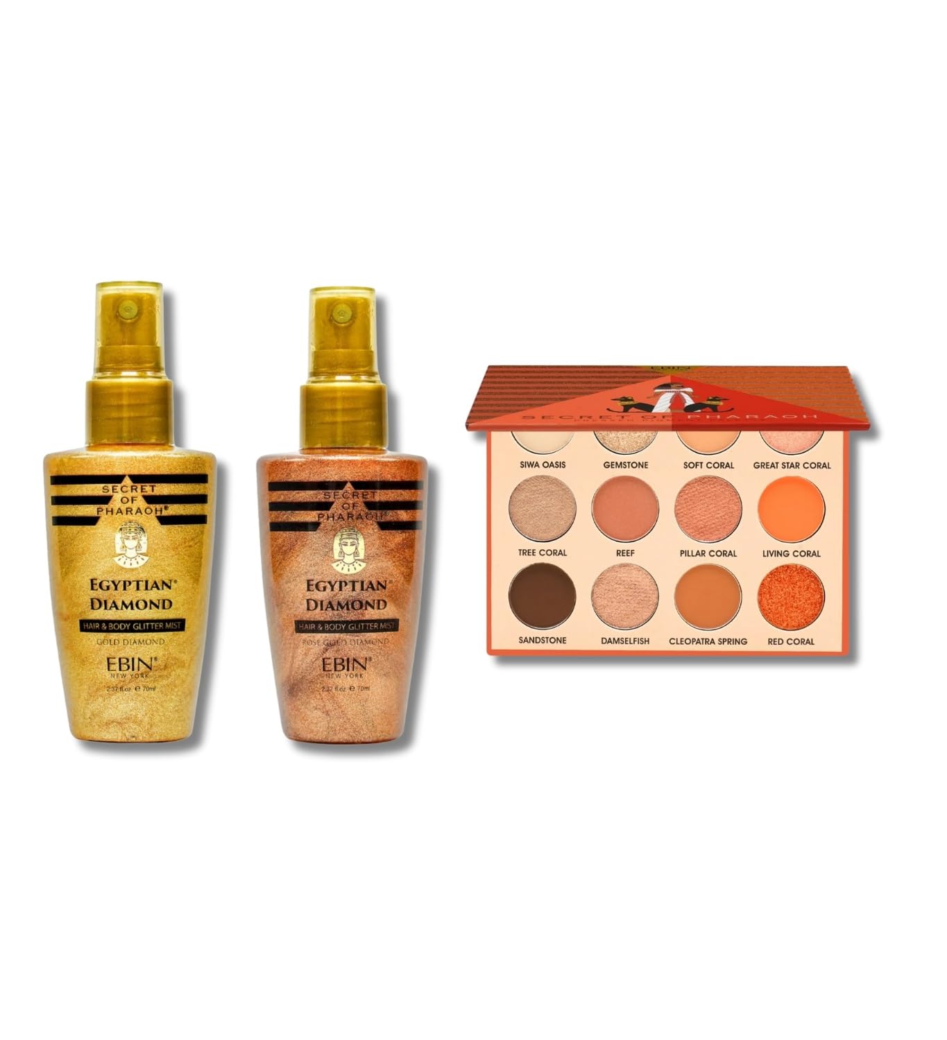Secret of Pharaoh Egyptian Diamond Glitter Mist Gold 70ml and Rose Gold 70ml Bundle with Coral Oasis Eyeshadow Palette by EBIN NEW YORK - Shimmer Body